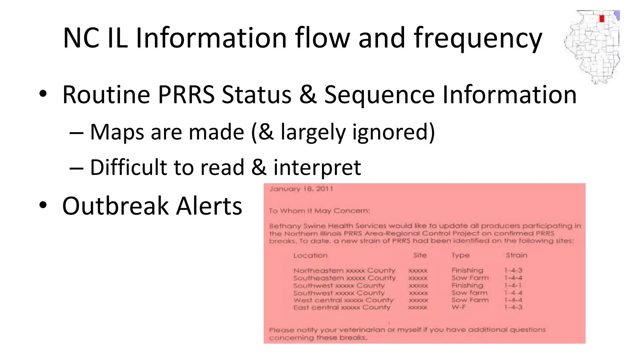 NC IL Information flow and frequency
• Routine PRRS Status & Sequence Information
– Maps are made (& largely ignored)
– Difficult to read & interpret
• Outbreak Alerts
 