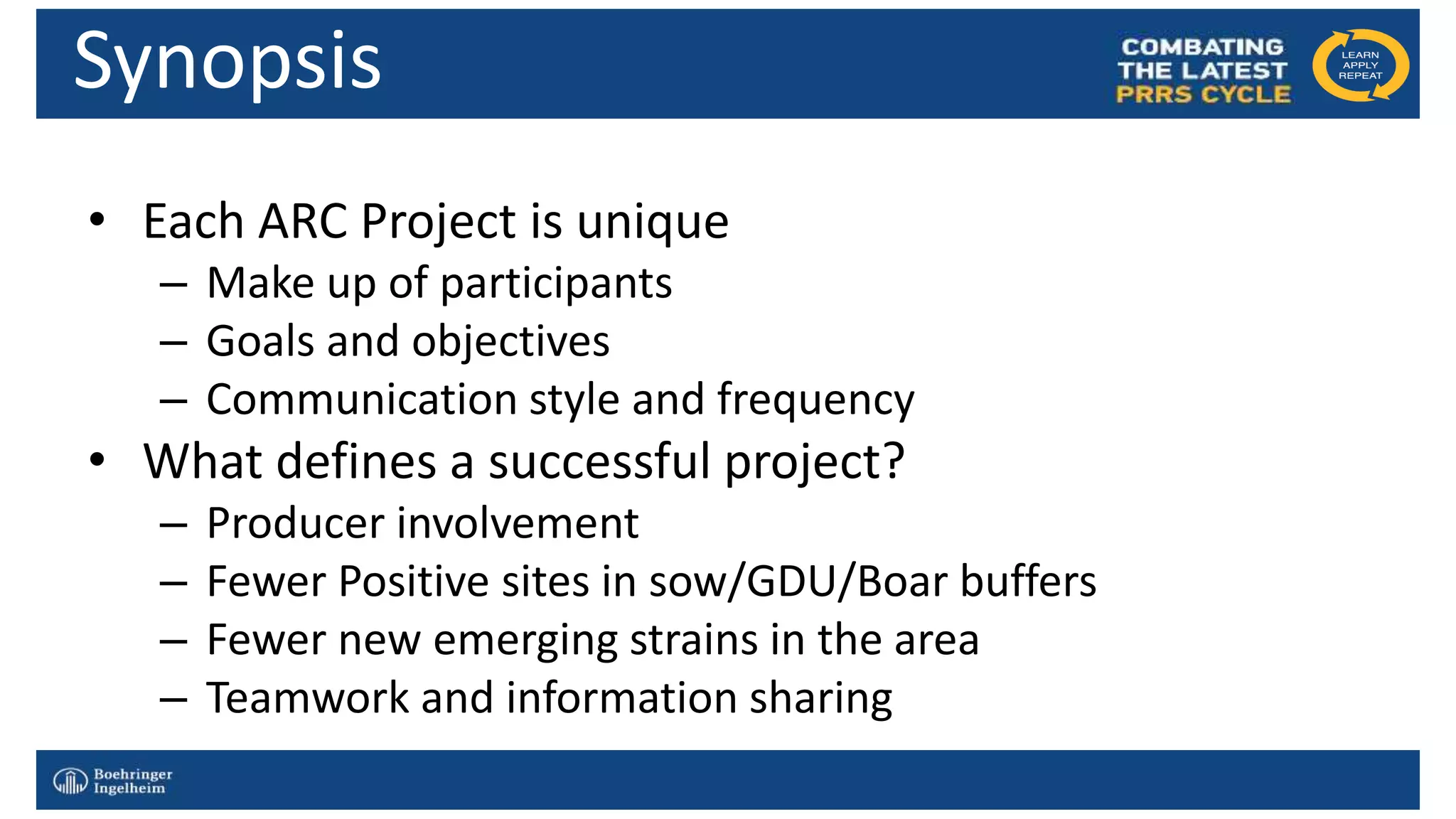 Click to edit Master
• Each ARC Project is unique
– Make up of participants
– Goals and objectives
– Communication style and frequency
• What defines a successful project?
– Producer involvement
– Fewer Positive sites in sow/GDU/Boar buffers
– Fewer new emerging strains in the area
– Teamwork and information sharing
Synopsis
 