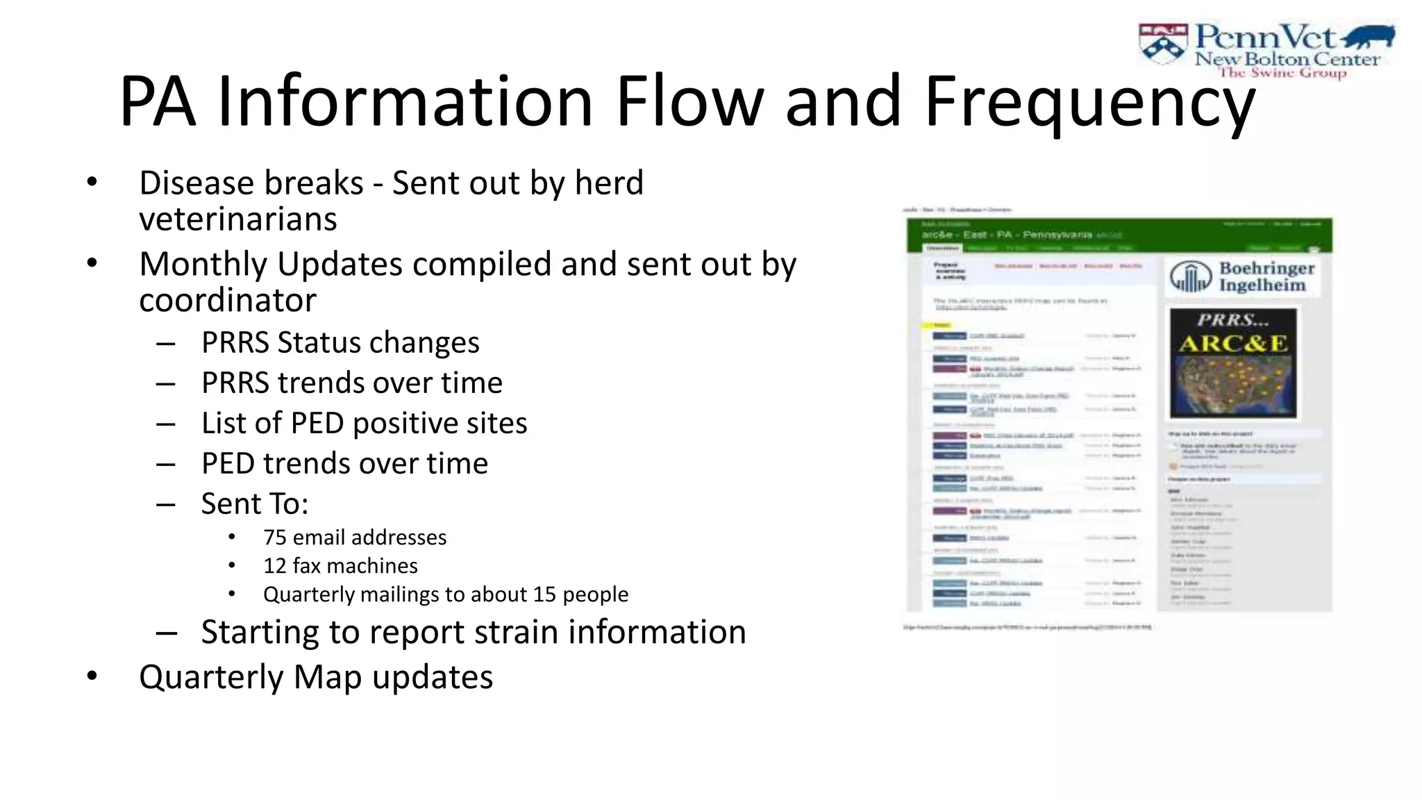 PA Information Flow and Frequency
• Disease breaks - Sent out by herd
veterinarians
• Monthly Updates compiled and sent out by
coordinator
– PRRS Status changes
– PRRS trends over time
– List of PED positive sites
– PED trends over time
– Sent To:
• 75 email addresses
• 12 fax machines
• Quarterly mailings to about 15 people
– Starting to report strain information
• Quarterly Map updates
 