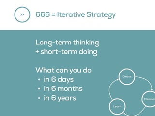 666 = Iterative Strategy>>
Long-term thinking 
+ short-term doing
What can you do
• in 6 days
• in 6 months
• in 6 years
Create
Measure
Learn
 