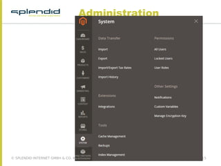 © SPLENDID INTERNET GMBH & CO. KG 2015, ALLE RECHTE VORBEHALTEN Magento Stammtisch Kiel 09.12.2015
Administration
 