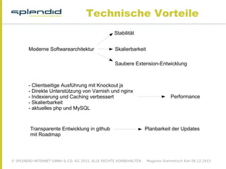 © SPLENDID INTERNET GMBH & CO. KG 2015, ALLE RECHTE VORBEHALTEN Magento Stammtisch Kiel 09.12.2015
Technische Vorteile
Moderne Softwarearchitektur
Stabilität
Skalierbarkeit
- Clientseitige Ausführung mit Knockout js
- Direkte Unterstützung von Varnish und nginx
- Indexierung und Caching verbessert
- Skalierbarkeit
- aktuelles php und MySQL
Saubere Extension-Entwicklung
Performance
Transparente Entwicklung in github
mit Roadmap
Planbarkeit der Updates
 