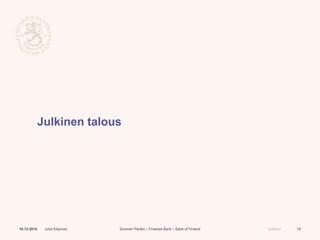 Suomen Pankki – Finlands Bank – Bank of Finland Julkinen
Julkinen talous
10.12.2015 Juha Kilponen 19
 