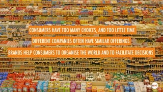 CONSUMERS HAVE TOO MANY CHOICES, AND TOO LITTLE TIME
DIFFERENT COMPANIES OFTEN HAVE SIMILAR OFFERINGS
BRANDS HELP CONSUMERS TO ORGANISE THE WORLD AND TO FACILITATE DECISIONS
 