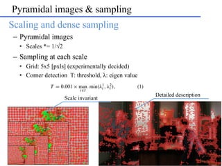 Pyramidal images & sampling
•  Scaling and dense sampling
–  Pyramidal images
•  Scales *= 1/√2
–  Sampling at each scale
...