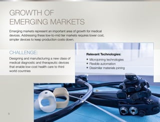 10
GROWTH OF
EMERGING MARKETS
Emerging markets represent an important area of growth for medical
devices. Addressing these low-to-mid tier markets requires lower cost,
simpler devices to keep production costs down.
CHALLENGE:
Designing and manufacturing a new class of
medical diagnostic and therapeutic devices
that enable low-cost health care to third
world countries
Relevant Technologies:
n	 Microjoining technologies
n	 Flexible automation
n	 Dissimilar materials joining
9
 