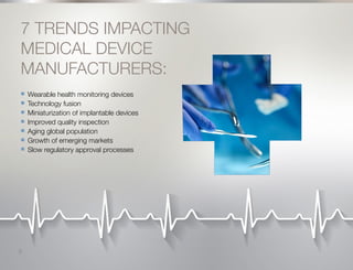 4
7 TRENDS IMPACTING
MEDICAL DEVICE
MANUFACTURERS:
n	 Wearable health monitoring devices
n	 Technology fusion
n	 Miniaturization of implantable devices
n	 Improved quality inspection
n	 Aging global population
n	 Growth of emerging markets
n	 Slow regulatory approval processes
3
 