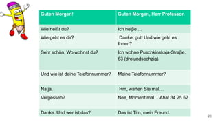 20
Guten Morgen! Guten Morgen, Herr Professor.
Wie heißt du? Ich heiβe ...
Wie geht es dir? Danke, gut! Und wie geht es
Ihnen?
Sehr schön. Wo wohnst du? Ich wohne Puschkinskaja-Straβe,
63 (dreiundsechzig).
Und wie ist deine Telefonnummer? Meine Telefonnummer?
Na ja. Hm, warten Sie mal…
Vergessen? Nee, Moment mal… Aha! 34 25 52
Danke. Und wer ist das? Das ist Tim, mein Freund.
 