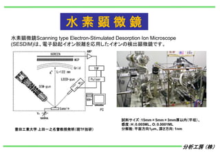 分析工房 （株）
水素顕微鏡Scanning type Electron-Stimulated Desorption Ion Microscope
(SESDIM)は、電子励起イオン脱離を応用したイオンの検出顕微鏡です。
試料サイズ：15mm×5mm×3mm厚以内（平坦）、
感度：H；0.005ML、O；0.0001ML
分解能：平面方向1mm、深さ方向：1nm豊田工業大学 上田一之名誉教授発明（現TF技研）
水 素 顕 微 鏡
 