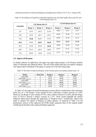 International Journal of Artificial Intelligence and Applications (IJAIA), Vol.15, No.1, January 2024
142
Table 3.8 The influence of Gap Ratio in the GSG method on the mT5-GSG model when used CSL and
LCSTS datasets (unit: %)
Gap Ratio
CSL (Beam Size=3) LCSTS (Beam Size=4)
Rouge -1 Rouge -2 Rouge- L Rouge -1 Rouge-2 Rouge-L
5% 70.33 60.27 67.83
34.06 21.91 31.57
10% 70.23 60.17 68.13
34.08 22.08 31.74
15% 70.48 60.47 67.97
34.08 22.10 31.73
30% 70.45 60.57 68.26
34.12 22.23 31.78
45% 70.36 60.49 68.26
34.00 22.08 31.63
60% 70.15 60.12 68.05
33.97 21.91 31.34
75% 68.95 59.99 67.93 33.57 21.30 31.36
3.4. Improved Dropout
To further enhance its application, this paper has made improvements to the Dropout method.
Table 3.9 illustrates the enhanced effects. The mT5-GSG model itself does not improve Dropout.
The improvement of Dropout in this paper is carried out in the fine-tuning stage.
Table 3.9 The effect of improved Dropout on the Chinese policy text summary dataset (unit: %)
Model Beam Size Rouge-1 Rouge-2 Rouge-L
mT5-GSG 2 53.01 28.27 54.91
mT5-GSG (improved) 2 54.75 38.50 55.02
mT5-GSG 3 54.63 44.18 55.24
mT5-GSG (improved) 3 56.13 45.76 56.41
mT5-GSG 4 53.74 41.40 54.85
mT5-GSG (improved) 4 54.07 42.32 55.19
In Table 3.9, the improved model demonstrates its most effective performance when utilizing a
beam size of 3. The Rouge-1 score reached 56.13%, indicating a relative increase of 1.50%.
Moreover, the Rouge-2 score reached 45.76%, with a relative increase of 1.68%, and the Rouge-
score of 56.41% showed a relative increase of 1.17%. These results highlight the model's
enhanced effectiveness through the application of "Dropout twice". Furthermore, efforts were
made to enhance the impact of Dropout on public datasets. As depicted in Table 3.10, the
performance metrics of the improved mT5-GSG model surpassed those of the original model,
solidifying the benefits of the enhanced Dropout approach.
 