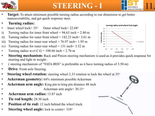 STEERING - I 11.
• Target: To attain minimum possible turning radius according to our dimension to get better
maneuverability, and get quick response steer.
• Turning radius:
• Inner wheel lock= 35ο Outer wheel lock= 22.68ο
i) Turning radius for inner front wheel = 94.63 inch = 2.40 m
ii) Turning radius for outer front wheel = 142.23 inch= 3.61 m
iii) Turning radius for inner rear wheel = 76.97 inch= 1.95 m
iv) Turning radius for outer rear wheel = 131 inch= 3.32 m
• Turning radius w.r.t C.G = 108.66 inch = 2.76 m
• Steering mechanism: Rack and Pinion steering mechanism is used as it provides quick response for
steering and light in weight .
• ( steering mechanism of “TATA IRIS” is preferable as it have turning radius of 3.50 m)
• Drive: Front axle Steering.
• Steering wheel rotation: steering wheel 2.33 rotation to lock the wheel at 35ο
• Ackerman geometry: 64% minimum possible Ackerman
• Ackerman arm angle: King pin to king pin distance 48 inch
• Ackerman arm angle= 30.11ο
• Ackerman arm radius: 13.87 inch
• Tie rod length: 28.30 inch
• Position of tie rod: 12 inch behind the wheel track.
• Steering wheel angle: lock to centre= 318ο
 