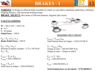 BRAKES - I 13.
TARGET: To design an efficient brake assembly by which we can achieve minimum pedal force, minimum
stopping distance, with maximum braking torque.
BRAKE SELECT: Disc brake of 200 mm diameter, diagonal split circuit.
DIAGONAL SPLIT CIRCUIT
CALCULATIONS:
W = 350 x 9.81 = 3433.5 N
µ = 0.7
l = 56 inches
Pedal Force = 100 N
Fbp = Fd x [ L2 / L1 ]
Brake Pedal Force = 550 N
Pmc = [ Fbp / Amc ]
Pressure at master cylinder = 2.73 x 106 N/m2
Pcal = Pmc
Fclamp = Pcal x Acal
Fclamp = 2631.539682 N
Fclamp = Fcal x 2
Total force at caliper = 5263.079364 N
Ffriction = Fclamp x µbp
Total friction force at Caliper = 2105.231746 N
Tr = Ffriction x Reff
Torque at rotor = 202.8917095 N-m
Torque at rotor = Torque at wheel
Ftire = ( Tt / Rt )
Ftire = 694.5967459 N
Ftotal = 694.5967459 x 4
Total braking force at all wheels = 2778.386984 N
 