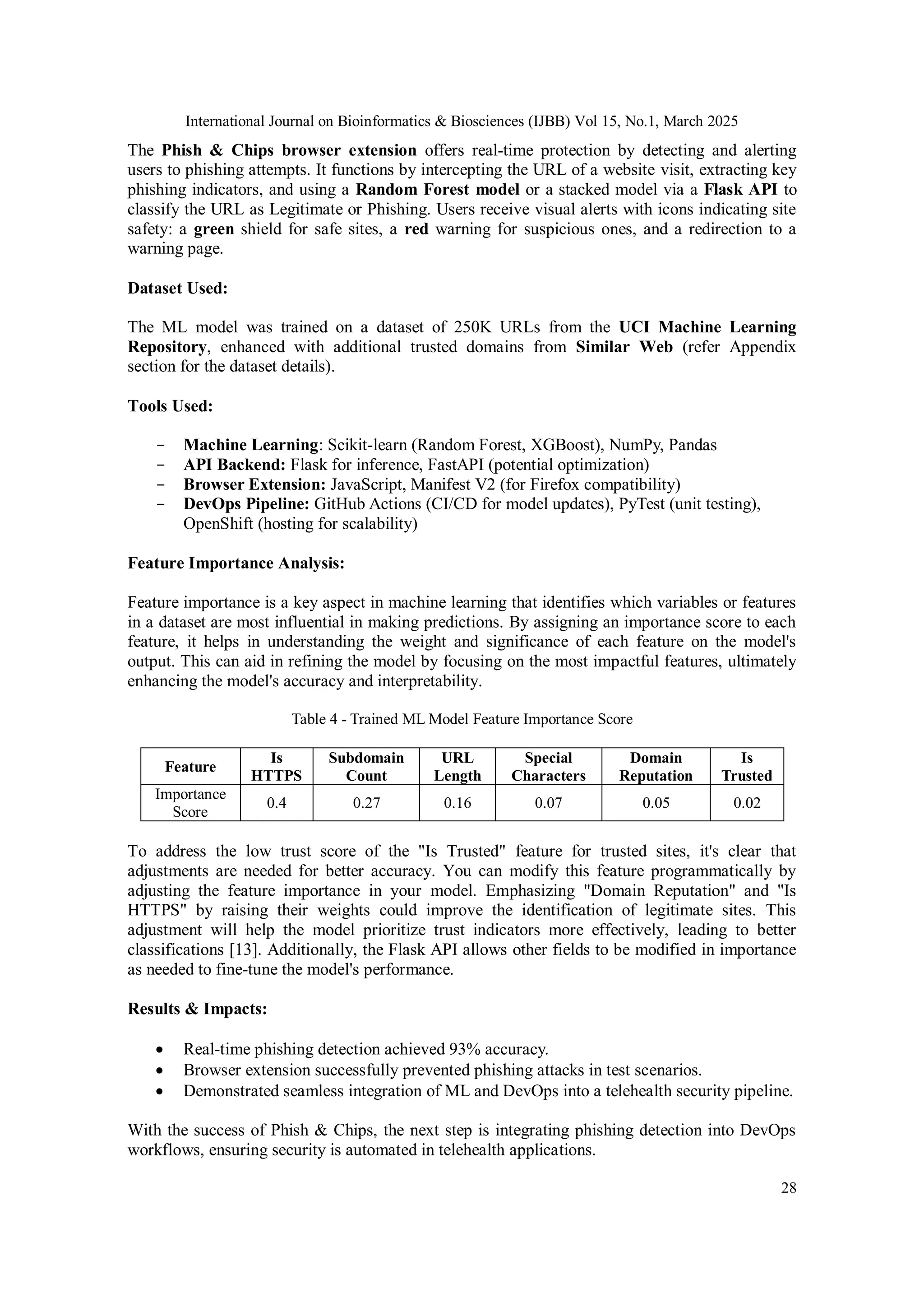 International Journal on Bioinformatics & Biosciences (IJBB) Vol 15, No.1, March 2025
28
The Phish & Chips browser extension offers real-time protection by detecting and alerting
users to phishing attempts. It functions by intercepting the URL of a website visit, extracting key
phishing indicators, and using a Random Forest model or a stacked model via a Flask API to
classify the URL as Legitimate or Phishing. Users receive visual alerts with icons indicating site
safety: a green shield for safe sites, a red warning for suspicious ones, and a redirection to a
warning page.
Dataset Used:
The ML model was trained on a dataset of 250K URLs from the UCI Machine Learning
Repository, enhanced with additional trusted domains from Similar Web (refer Appendix
section for the dataset details).
Tools Used:
- Machine Learning: Scikit-learn (Random Forest, XGBoost), NumPy, Pandas
- API Backend: Flask for inference, FastAPI (potential optimization)
- Browser Extension: JavaScript, Manifest V2 (for Firefox compatibility)
- DevOps Pipeline: GitHub Actions (CI/CD for model updates), PyTest (unit testing),
OpenShift (hosting for scalability)
Feature Importance Analysis:
Feature importance is a key aspect in machine learning that identifies which variables or features
in a dataset are most influential in making predictions. By assigning an importance score to each
feature, it helps in understanding the weight and significance of each feature on the model's
output. This can aid in refining the model by focusing on the most impactful features, ultimately
enhancing the model's accuracy and interpretability.
Table 4 - Trained ML Model Feature Importance Score
Feature
Is
HTTPS
Subdomain
Count
URL
Length
Special
Characters
Domain
Reputation
Is
Trusted
Importance
Score
0.4 0.27 0.16 0.07 0.05 0.02
To address the low trust score of the "Is Trusted" feature for trusted sites, it's clear that
adjustments are needed for better accuracy. You can modify this feature programmatically by
adjusting the feature importance in your model. Emphasizing "Domain Reputation" and "Is
HTTPS" by raising their weights could improve the identification of legitimate sites. This
adjustment will help the model prioritize trust indicators more effectively, leading to better
classifications [13]. Additionally, the Flask API allows other fields to be modified in importance
as needed to fine-tune the model's performance.
Results & Impacts:
 Real-time phishing detection achieved 93% accuracy.
 Browser extension successfully prevented phishing attacks in test scenarios.
 Demonstrated seamless integration of ML and DevOps into a telehealth security pipeline.
With the success of Phish & Chips, the next step is integrating phishing detection into DevOps
workflows, ensuring security is automated in telehealth applications.
 