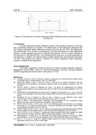 ◼ ISSN: 1693-6930
TELKOMNIKA Vol. 17, No. 5, October 2019: 2250-2257
2256
Figure 12. The axial ratio of circular polarization folded reflectarray antenna versus theta with
h=5.855 mm
4. Conclusion
A circular polarization folded reflectarray antenna with operating frequency of 28 GHz
was successfully designed and studied. The realized gain of the rectangular waveguide and
the circular polarization folded reflectarray antenna are 6.76 dB and 16.81 dB respectively.
The realized gain of the antenna is increased by 10.05 dB with present of a twist reflectarray
reflector, a linear polarizing grid and a meander lines polarizer. For the circular polarization,
the axial ratio is 1.489 dB at 28 GHz. This indicates that the antenna is in circular polarization at
this frequency. In addition, the antenna shows excellent performance with side lobe level below
-10 dB in both E-plane and H-plane. Therefore, the circular polarization folded reflectarray
antenna is suitable for 5G applications.
Acknowledgements
The authors would like to thank the Ministry of Higher Education (MOHE), Research
Management Centre (RMC), School of Electrical Engineering, Universiti Teknologi Malaysia
(UTM) for supporting the research work, under grant no. 14J22.
References
[1] Andrews JG, Buzzi S, Choi W, Hanly SV, Lozano A, Soong AC, et al. What will 5G be? IEEE Journal
on selected areas in communications. 2014; 32: 1065-1082.
[2] Wang C-X, Haider F, Gao X, You X-H, Yang Y, Yuan D, et al. Cellular architecture and key
technologies for 5G wireless communication networks. IEEE communications magazine. 2014; 52:
122-130.
[3] Yang N, Wang L, Geraci G, Elkashlan M, Yuan J, Di Renzo M. Safeguarding 5G wireless
communication networks using physical layer security. IEEE Communications Magazine. 2015; 53:
20-27.
[4] Demestichas P, Georgakopoulos A, Karvounas D, Tsagkaris K, Stavroulaki V, Lu J, et al. 5G on the
horizon: Key challenges for the radio-access network. IEEE vehicular technology magazine. 2013; 8:
47-53.
[5] Rappaport TS, Sun S, Mayzus R, Zhao H, Azar Y, Wang K, et al. Millimeter wave mobile
communications for 5G cellular: It will work! IEEE access. 2013; 1: 335-349.
[6] Chen S, Zhao J. The requirements, challenges, and technologies for 5G of terrestrial mobile
telecommunication. IEEE communications magazine. 2014; 52: 36-43.
[7] Roh W, Seol JY, Park J, Lee B, Lee J, Kim Y, et al. Millimeter-wave beamforming as an enabling
technology for 5G cellular communications: Theoretical feasibility and prototype results. IEEE
communications magazine. 2014; 52: 106-113.
[8] Hong W, Baek K-H, Lee Y, Kim Y, Ko S-T. Study and prototyping of practically large-scale mmWave
antenna systems for 5G cellular devices. IEEE Communications Magazine. 2014; 52: 63-69.
[9] Han S, Chih-Lin I, Xu Z, Rowell C. Large-scale antenna systems with hybrid analog and digital
beamforming for millimeter wave 5G. IEEE Communications Magazine. 2015; 53: 186-94.
[10] Ojaroudiparchin N, Shen M, Fr G. Multi-layer 5G mobile phone antenna for multi-user MIMO
communications. 2015 23rd
Telecommunications Forum Telfor (TELFOR): IEEE. 2015: 559-62.
[11] Ban Y-L, Li C, Wu G, Wong K-L. 4G/5G multiple antennas for future multi-mode smartphone
applications. IEEE access. 2016; 4: 2981-2988.
 