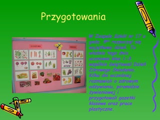 Przygotowania W Zespole Szkół nr 17 o godz. 9 00  rozpoczął się wyjątkowy dzień. To właśnie tego dnia uczniowie klas 1-3 wspólnie świętowali Dzień Zdrowego Śniadania. Kilka dni wcześniej rozmawiali o zdrowym odżywianiu, piramidzie żywieniowej i  przygotowali gazetki klasowe oraz prace plastyczne. 