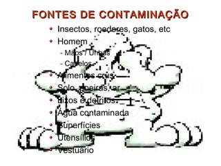 FONTES DE CONTAMINAÇÃOFONTES DE CONTAMINAÇÃO
Insectos, roedores, gatos, etc
Homem
- Mãos / Unhas
- Cabelos
Alimentos crus
Solo, poeiras, ar
Lixos e detritos
Água contaminada
Superfícies
Utensílios
Vestuário
 