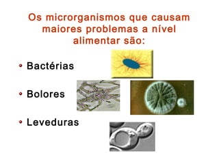 Os microrganismos que causam
maiores problemas a nível
alimentar são:
Bactérias
Bolores
Leveduras
 