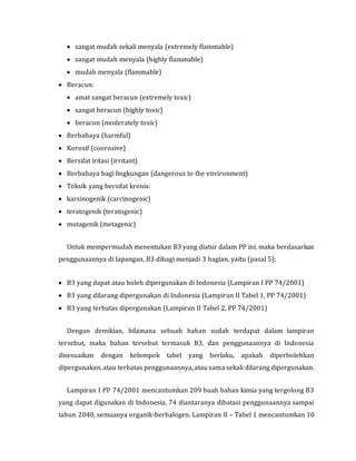  sangat mudah sekali menyala (extremely flammable)
 sangat mudah menyala (highly flammable)
 mudah menyala (flammable)
 Beracun:
 amat sangat beracun (extremely toxic)
 sangat beracun (highly toxic)
 beracun (moderately toxic)
 Berbahaya (harmful)
 Korosif (coorosive)
 Bersifat iritasi (irritant)
 Berbahaya bagi lingkungan (dangerous to the environment)
 Toksik yang bersifat kronis:
 karsinogenik (carcinogenic)
 teratogenik (teratogenic)
 mutagenik (metagenic)
Untuk mempermudah menentukan B3 yang diatur dalam PP ini, maka berdasarkan
penggunaannya di lapangan, B3 dibagi menjadi 3 bagian, yaitu (pasal 5):
 B3 yang dapat atau boleh dipergunakan di Indonesia (Lampiran I PP 74/2001)
 B3 yang dilarang dipergunakan di Indonesia (Lampiran II Tabel 1, PP 74/2001)
 B3 yang terbatas dipergunakan (Lampiran II Tabel 2, PP 74/2001)
Dengan demikian, bilamana sebuah bahan sudah terdapat dalam lampiran
tersebut, maka bahan tersebut termasuk B3, dan penggunaannya di Indonesia
disesuaikan dengan kelompok tabel yang berlaku, apakah diperbolehkan
dipergunakan, atau terbatas penggunaannya, atau sama sekali dilarang dipergunakan.
Lampiran I PP 74/2001 mencantumkan 209 buah bahan kimia yang tergolong B3
yang dapat digunakan di Indonesia, 74 diantaranya dibatasi penggunaannya sampai
tahun 2040, semuanya organik-berhalogen. Lampiran II – Tabel 1 mencantumkan 10
 