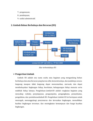 7. pengawasan;
8. pembiayaan;
9. sanksi administratif.
2. Limbah Bahan Berbahaya dan Beracun (B3)
Alur terbentuknya B3
 Pengertian Limbah
Limbah B3 adalah sisa suatu usaha atau kegiatan yang mengandung bahan
berbahaya dan atau beracun yang karena sifat, konsentrasinya, dan jumlahnya secara
langsung maupun tidak langsung dapat mencemarkan, merusak, dan dapat
membahayakan lingkungan hidup, kesehatan, kelangsungan hidup manusia serta
makhluk hidup lainnya. Pengelolaan Limbah B3 adalah rangkaian kegiatan yang
mencakup reduksi, penyimpanan, pengumpulan, pengangkutan, pemanfaatan,
pengolahan, dan penimbunanlimbah B3. Pengelolaan Limbah B3 ini bertujuan untuk
mencegah, menanggulangi pencemaran dan kerusakan lingkungan, memulihkan
kualitas lingkungan tercemar, dan meningkatan kemampuan dan fungsi kualitas
lingkungan.
 