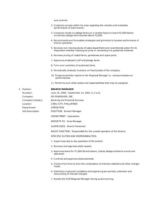 and controls.
2. Conducts surveys within his area regarding the industry and evaluates
performance of each branch.
3. Conducts review on pledge items on a random basis on loans P2,000 below;
scrutinizes pledge items loaned above P2,000.
4. Recommends and formulates strategies and gimmicks to booster performance of
branch operation.
5. Reviews non-moving stocks of sales department and recommends action for its
disposition whether reducing its price or converting it to goldsmith material.
6. Reviews pricing of coded items, gemstones and spare parts.
7. Approves employee’s LAP and pledge items.
8. Turn-over summary of auctioned items.
9. Periodically conducts inventory on fixed assets of the company.
10. Prepares periodic reports to the Regional Manager re: various analyses on
performances.
11. Performs such other duties and responsibilities that may be assigned.
3. Position: BRANCH MANAGER
Duration: June 16, 2000 - September 14, 2001 (1.2 yrs)
Company: RD PAWNSHOP, INC.
Company Industry: Banking and Financial Services
Location CEBU CITY, PHILLIPINES
Department: OPERATION
Job Description: POSITION : Branch Manager
DEPARTMENT : Operations
REPORTS TO : Area Manager
SUPERVISES : Branch Personnel
BASIC FUNCTION : Responsible for the overall operation of the Branch.
SPECIFIC DUTIES AND RESPONSIBILITIES:
1. Supervises day to day operation of the branch.
2. Reviews and approves daily reports.
3. Approves loans for P1,000.00 and above, checks pledge articles to avoid over
appraisal.
4. Controls and approves disbursements.
5. Checks from time to time the computation of interest collected and other charges
made.
6. Entertains customer's problems and approve grace periods, extension and
discounting of interest charged.
7. Assists the AVP/Regional Manager during auction pricing.
 