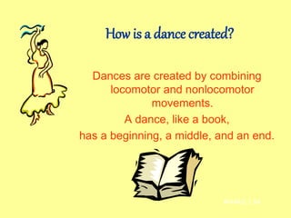 How is a dance created?
Dances are created by combining
locomotor and nonlocomotor
movements.
A dance, like a book,
has a beginning, a middle, and an end.
AH-M-2.1.34
 