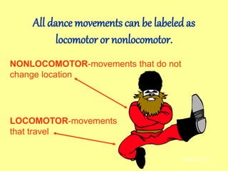 All dance movements can be labeled as
locomotor or nonlocomotor.
NONLOCOMOTOR-movements that do not
change location
AH-E-2.1.31
LOCOMOTOR-movements
that travel
 