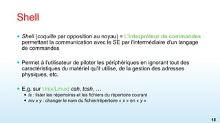  Shell (coquille par opposition au noyau) = L'interpréteur de commandes
permettant la communication avec le SE par l'intermédiaire d'un langage
de commandes
 Permet à l'utilisateur de piloter les périphériques en ignorant tout des
caractéristiques du matériel qu'il utilise, de la gestion des adresses
physiques, etc.
 E.g. sur Unix/Linux: csh, tcsh, …
 ls : lister les répertoires et les fichiers du répertoire courant
 mv x y : changer le nom du fichier/répertoire « x » en « y »
Shell
15
 