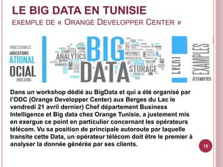 LE BIG DATA EN TUNISIE
EXEMPLE DE « ORANGE DEVELOPPER CENTER »
15
Dans un workshop dédié au BigData et qui a été organisé ...