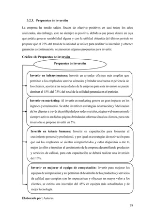 79
3.2.3. Propuestas de inversión
La empresa ha tenido saldos finales de efectivo positivos en casi todos los años
analizados, sin embargo, esto no siempre es positivo, debido a que posee dinero en caja
que podría generar rentabilidad alguna y con la utilidad obtenida del último periodo se
propone que el 75% del total de la utilidad se utilice para realizar la inversión y obtener
ganancias a continuación, se presentan algunas propuestas para invertir:
Gráfico 44: Propuestas de inversión
Elaborado por: Autoras.
Invertir en mejorar el equipo de computación: Invertir para mejorar los
equipos de computación y así permitan el desarrollo de los productos y servicios
de calidad que cumplan con las expectativas y ofrezcan un mayor valor a los
clientes, se estima una inversión del 45% en equipos más actualizados y de
mejor tecnología.
Invertir en talento humano: Invertir en capacitación para fomentar el
crecimiento personal y profesional, y por igual en estrategias de motivación para
que así los empleados se sientan comprometidos y estén dispuestos a dar lo
mejor de ellos e impulsar el crecimiento de la empresa desarrollando productos
y servicios de calidad, para esta capacitación se deberá realizar una inversión
del 10%.
Invertir en infraestructura: Invertir en arrendar oficinas más amplias que
permitan a los empleados sentirse cómodos y brindar una buena experiencia de
los clientes, acorde a las necesidades de la empresa para esta inversión se puede
destinar el 15% del 75% del total de la utilidad generada en el periodo.
Invertir en marketing: Al invertir en marketing genera un gran impacto en los
ingresos y crecimiento. Se debe invertir en estrategias de atracción y fidelización
de los clientes a través de publicidad por redes sociales, página web manteniendo
siempre activos en dichas páginas brindando información a los clientes, para esta
inversión se propone invertir un 5%.
Propuestas de inversión
 