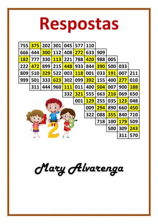 Respostas
755 375 202 301 045 577 110
666 444 300 112 408 272 633 909
182 777 330 113 221 788 420 988 005
222 472 899 215 448 933 844 390 500 033
809 510 329 522 003 118 001 033 191 007 211
999 501 333 623 302 099 392 155 400 277 010
311 444 960 111 011 400 504 007 900 188
332 321 555 663 216 069 650
001 129 255 035 123 048
009 294 890 660 450
322 088 355 840 710
718 100 179 509
500 309 243
311 570
Mary Alvarenga
 