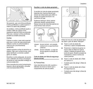 MS 362 C-M
brasileiro
15
Se possível, usar uma linha pontilhada.
A linha pontilhada e a parte superior e
inferior do sabre são paralelas.
Ao entalhar, a linha pontilhada ajuda a
moldar o filete de ruptura numa
espessura igual em toda sua extensão.
Para isso, conduzir a linha pontilhada
paralela ao entalhe direcional.
Cunhas
Colocar a cunha o mais cedo possível,
para que o corte não seja prejudicado.
Utilizar a cunha no corte de abate e
inserí-la com uma ferramenta
apropriada.
Utilizar somente cunhas de alumínio ou
plástico. Não usar cunhas de aço, pois
estas danificam a corrente e podem
gerar um rebote.
Escolher a cunha adequada, de acordo
com o diâmetro do tronco e da largura
da fenda do corte (escolher análogo ao
corte de abate (E)).
Para a escolha da cunha (comprimento,
largura e altura apropriada), consultar
uma Concessionária STIHL.
Escolher o corte de abate apropriado
A escolha do corte de abate apropriado
depende dos mesmos fatores que
devem ser observados para definir a
direção de queda da árvore e os
caminhos de fuga.
Podemos distinguir vários valores
diferentes dessas características.
Nesse manual são descritas apenas as
duas formas mais comuns:
Corte de abate com faixa de segurança
(árvore normal)
A) Troncos finos
Usar esta técnica de corte, quando o
diâmetro do tronco é menor que o
comprimento de corte do sabre.
Antes do início do corte de abate deve
ser dado o grito de alerta "Atenção!".
N Fazer o corte de abate (E),
inserindo o sabre completamente.
N Posicionar o batente de garras no
tronco atrás do filete de ruptura.
Utilizar o batente de garras como
ponto de apoio. Mudar a posição da
motosserra o menor número de
vezes possível.
N Fazer o corte de abate até o filete
de ruptura (1).
– Cuidado para não atingir o filete de
ruptura.
N Fazer o corte de abate até a faixa
de segurança (2).
– Cuidado para não atingir a faixa de
segurança.
001BA270KN
esquer-
da:
árvore normal – em posição
vertical com a copa da árvore
uniforme
direita: árvore inclinada – a copa da
árvore aponta na direção da
queda
001BA260KN
001BA261KN
1.
2.
 