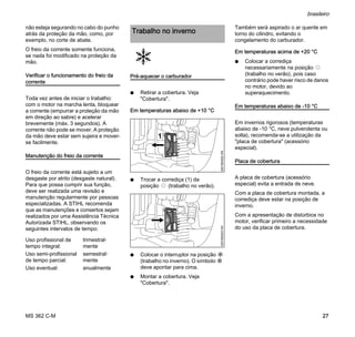 MS 362 C-M
brasileiro
27
não esteja segurando no cabo do punho
atrás da proteção da mão, como, por
exemplo, no corte de abate.
O freio da corrente somente funciona,
se nada foi modificado na proteção da
mão.
Verificar o funcionamento do freio da
corrente
Toda vez antes de iniciar o trabalho:
com o motor na marcha lenta, bloquear
a corrente (empurrar a proteção da mão
em direção ao sabre) e acelerar
brevemente (máx. 3 segundos). A
corrente não pode se mover. A proteção
da mão deve estar sem sujeira e mover-
se facilmente.
Manutenção do freio da corrente
O freio da corrente está sujeito a um
desgaste por atrito (desgaste natural).
Para que possa cumprir sua função,
deve ser realizada uma revisão e
manutenção regularmente por pessoas
especializadas. A STIHL recomenda
que as manutenções e consertos sejam
realizados por uma Assistência Técnica
Autorizada STIHL, observando os
seguintes intervalos de tempo:
Pré-aquecer o carburador
N Retirar a cobertura. Veja
"Cobertura".
Em temperaturas abaixo de +10 °C
N Trocar a corrediça (1) da
posição s (trabalho no verão).
N Colocar o interruptor na posição r
(trabalho no inverno). O símbolo r
deve apontar para cima.
N Montar a cobertura. Veja
"Cobertura".
Também será aspirado o ar quente em
torno do cilindro, evitando o
congelamento do carburador.
Em temperaturas acima de +20 °C
N Colocar a corrediça
necessariamente na posição s
(trabalho no verão), pois caso
contrário pode haver risco de danos
no motor, devido ao
superaquecimento.
Em temperaturas abaixo de -10 °C
Em invernos rigorosos (temperaturas
abaixo de -10 °C, neve pulverolenta ou
solta), recomenda-se a utilização da
"placa de cobertura" (acessório
especial).
Placa de cobertura
A placa de cobertura (acessório
especial) evita a entrada de neve.
Com a placa de cobertura montada, a
corrediça deve estar na posição de
inverno.
Com a apresentação de distúrbios no
motor, verificar primeiro a necessidade
do uso da placa de cobertura.
Uso profissional de
tempo integral:
trimestral-
mente
Uso semi-profissional
de tempo parcial:
semestral-
mente
Uso eventual: anualmente
Trabalho no inverno
1
0001BA002KN0001BA003KN
 