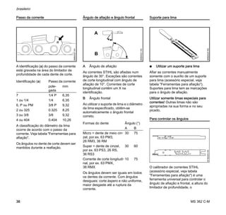 MS 362 C-M
brasileiro
38
Passo da corrente
A identificação (a) do passo da corrente
está gravada na área do limitador de
profundidade de cada dente de corte.
A classificação do diâmetro da lima
ocorre de acordo com o passo da
corrente. Veja tabela "Ferramentas para
afiação".
Os ângulos no dente de corte devem ser
mantidos durante a reafiação.
Ângulo de afiação e ângulo frontal
A Ângulo de afiação
As correntes STIHL são afiadas num
ângulo de 30°. Exceções são correntes
de corte longitudinal com ângulo de
afiação de 10°. Correntes de corte
longitudinal contêm um X na
identificação.
B Ângulo frontal
Ao utilizar o suporte de lima e o diâmetro
da lima especificado, obtêm-se
automaticamente o ângulo frontal
correto.
Os ângulos devem ser iguais em todos
os dentes da corrente. Com ângulos
desiguais: corte áspero e não uniforme,
maior desgaste até a ruptura da
corrente.
Suporte para lima
N Utilizar um suporte para lima
Afiar as correntes manualmente
somente com o auxílio de um suporte
para lima (acessório especial, veja
tabela "Ferramentas para afiação").
Suportes para lima tem as marcações
para o ângulo de afiação.
Utilizar somente limas especiais para
correntes! Outras limas não são
apropriadas na sua forma e no seu
picado.
Para controlar os ângulos
O calibrador de correntes STIHL
(acessório especial, veja tabela
"Ferramentas para afiação") é uma
ferramenta universal para controlar o
ângulo de afiação e frontal, a altura do
limitador de profundidade, o
Identificação (a) Passo da corrente
pole-
gada
mm
7 1/4 P 6,35
1 ou 1/4 1/4 6,35
6, P ou PM 3/8 P 9,32
2 ou 325 0.325 8,25
3 ou 3/8 3/8 9,32
4 ou 404 0.404 10,26
689BA027KN
a
Formas do dente Ângulo (°)
A B
Micro = dente de meio cin-
zel, por.ex. 63 PM3,
26 RM3, 36 RM
30 75
Super = dente de cinzel,
por ex. 63 PS3, 26 RS,
36 RS3
30 60
Corrente de corte longitudi-
nal, por ex. 63 PMX,
36 RMX
10 75
A
B
689BA021KN
689BA025KN001BA203KN
 