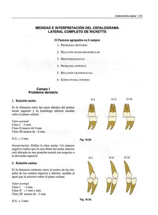 Cefalometría lateral 213
MEDIDAS E INTERPRETACIÓN DEL CEFALOGRAMA
LATERAL COMPLETO DE RICKETTS
32 Factores agrupados en 6 campos
1. PROBLEMA DENTARIO
2. RELACIÓN MAXILOMANDIBULAR
3. DENTOESQUELETAL
4. PROBLEMA ESTÉTICO
5. RELACIÓN CRANEOFACIAL
6. ESTRUCTURAL INTERNO
Campo I
Problema dentario
1. Relación molar:
Es la distancia entre las caras distales del primer
molar superior y su homólogo inferior medida
sobre el plano oclusal.
Valor normal:
Clase 1-3 mm.
Clase II mayor de Omm.
Clase III menos de-6 mm.
D.S.: ± 3 mm.
Interpretación: Define la clase molar. Un número
negativo indica que la cara distal del molar inferior
está ubicada en una posición mesial con respecto a
la del molar superior.
2. Relación canina:
Es la distancia existente entre el centro de lascús-
pides de los caninos superior e inferior, medida al
igual que la anterior sobre el plano oclusal.
Valor normal:
Clase I - 2 mm.
Clase II +1 mm ymás.
Clase III menos de -5 mm.
CU
Fig. 10.29.
CU
CIII cini
Jj5=£=±S^V
CIII CIIII
D.S.: ± 3 mm. Fig. 10.30.
 