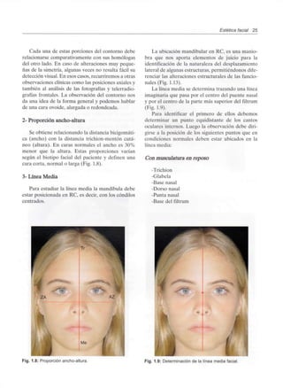 Estética facial 25
Cada una de estas porciones del contorno debe
relacionarse comparativamente con sus homologas
del otro lado. En caso de alteraciones muy peque-
ñas de la simetría, algunas veces no resulta fácil su
detección visual. En esos casos, recurriremos a otras
observaciones clínicas como las posiciones axiales y
también al análisis de las fotografías y telerradio-
grafías frontales. La observación del contorno nos
da una idea de la forma general y podemos hablar
de una cara ovoide, alargada o redondeada.
2- Proporción ancho-altura
Se obtiene relacionando la distanciabicigomáti-
ca (ancho) con la distancia trichion-mentón cutá-
neo (altura). En caras normales el ancho es 30%
menor que la altura. Estas proporciones varían
según el biotipo facial del paciente y definen una
cara corta, normal o larga (Fig. 1.8).
3- Línea Media
Para estudiar la línea media la mandíbula debe
estar posicionada en RC, es decir, con los cóndilos
centrados.
La ubicación mandibular en RC, es una manio-
bra que nos aporta elementos de juicio para la
identificación de la naturaleza del desplazamiento
lateral de algunas estructuras, permitiéndonos dife-
renciar las alteraciones estructurales de las funcio-
nales (Fig. 1.13).
La línea media se determina trazando una línea
imaginaria que pasa por el centro del puente nasal
y por el centro de la parte más superior del filtrum
(Fig. 1.9).
Para identificar el primero de ellos debemos
determinar un punto equidistante de los cantos
oculares internos. Luego la observación debe diri-
girse a la posición de los siguientes puntos que en
condiciones normales deben estar ubicados en la
línea media:
Con musculatura en reposo
-Trichion
-Glabela
-Base nasal
-Dorso nasal
-Punta nasal
-Base del filtrum
AZ
Me
Fig. 1.8: Proporción ancho-altura. Fig. 1.9: Determinación de la línea media facial.
 