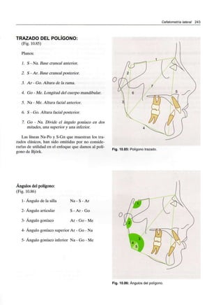 Cefalometría lateral 243
TRAZADO DEL POLÍGONO:
(Fig. 10.85)
Planos:
1. S - Na. Base craneal anterior.
2. S - Ar. Base craneal posterior.
3. Ar - Go. Altura de la rama.
4. Go - Me. Longitud del cuerpo mandibular.
5. Na - Me. Altura facial anterior.
6. S - Go. Altura facial posterior.
7. Go - Na. Divide el ángulo goníaco en dos
mitades, una superior y una inferior.
Las líneas Na-Po y S-Gn que muestran los tra-
zados clásicos, han sido omitidas por no conside-
rarlas de utilidad en el enfoque que damos al polí-
gono de Bjórk.
Fig. 10.85: Polígono trazado.
Ángulos del polígono:
(Fig. 10.86)
1- Ángulo de la silla
2- Ángulo articular
3- Ángulo goníaco
Na -S - Ar
S - Ar - Go
Ar - Go- Me
4- Ángulo goníaco superior Ar - Go - Na
5- Ángulo goníaco inferior Na - Go - Me
Fig. 10.86: Ángulos del polígono.
 