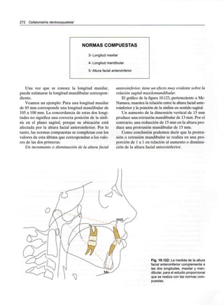 272 Cefalometría dentoesqueletal
NORMAS COMPUESTAS
3- Longitud maxilar
4- Longitud mandibular
5- Altura facial anteroinferior
Una vez que se conoce la longitud maxilar,
puede estimarse la longitud mandibular correspon-
diente.
Veamos un ejemplo: Para una longitud maxilar
de 85 mm corresponde una longitud mandibular de
105 a 108 mm. La concordancia de estas dos longi-
tudes no significa una correcta posición de la sínfi-
sis en el plano sagital, porque su ubicación está
afectada por la altura facial anteroinferior. Por lo
tanto, las normas compuestas se completan con los
valores de esta última que correspondan a los valo-
res de las dos primeras.
Un incremento o disminución de la altura facial
anteroinferior, tiene un efecto muy evidente sobre la
relación sagital maxilomandibular.
El gráfico de la figura 10.123, perteneciente a Mc-
Namara, muestra la relación entre la altura facial ante-
roinferior y la posición de la sínfisis en sentido sagital.
Un aumento de la dimensión vertical de 15 mm
produce una retrusión mandibular de 13mm. Por el
contrario, una reducción de 15mm en la altura pro-
duce una protrusión mandibular de 15 mm.
Como conclusión podemos decir que la protru-
sión o retrusión mandibular se realiza en una pro-
porción de 1 a 1 en relación al aumento o disminu-
ción de la altura facial anteroinferior.
Fig. 10.122: La medida de la altura
facial anteroinferior complementa a
las dos longitudes, maxilar y man-
dibular, para el estudio proporcional
que se realiza con las normas com-
puestas.
 