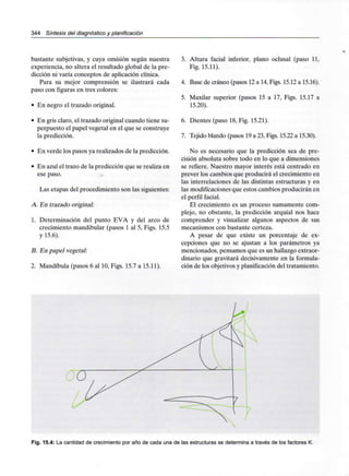 344 Síntesis del diagnóstico y planificación
bastante subjetivas, y cuya omisión según nuestra
experiencia, no altera el resultado global de la pre-
dicción ni varía conceptos de aplicación clínica.
Para su mejor comprensión se ilustrará cada
paso con figuras en tres colores:
• En negro el trazado original.
• En gris claro, el trazado original cuando tiene su-
perpuesto el papel vegetal en el que se construye
la predicción.
• En verde lospasos ya realizados de la predicción.
• En azul el trazo de la predicción que se realiza en
ese paso.
Las etapas del procedimiento son lassiguientes:
A. En trazado original:
1. Determinación del punto EVA y del arco de
crecimiento mandibular (pasos 1 al 5, Figs. 15.5
y 15.6).
B. En papel vegetal:
2. Mandíbula (pasos 6 al 10,Figs. 15.7 a 15.11).
3. Altura facial inferior, plano oclusal (paso 11,
Fig. 15.11).
4. Base de cráneo (pasos 12 a 14,Figs. 15.12 a 15.16).
5. Maxilar superior (pasos 15 a 17, Figs. 15.17 a
15.20).
6. Dientes (paso 18, Fig. 15.21).
7. Tejido blando (pasos 19 a 23, Figs. 15.22 a 15.30).
No es necesario que la predicción sea de pre-
cisión absoluta sobre todo en lo que a dimensiones
se refiere. Nuestro mayor interés está centrado en
prever los cambios que producirá el crecimiento en
las interrelaciones de las distintas estructuras y en
las modificaciones que estos cambiosproducirán en
el perfil facial.
El crecimiento es un proceso sumamente com-
plejo, no obstante, la predicción arquial nos hace
comprender y visualizar algunos aspectos de sus
mecanismos con bastante certeza.
A pesar de que existe un porcentaje de ex-
cepciones que no se ajustan a los parámetros ya
mencionados, pensamos que es un hallazgo extraor-
dinario que gravitará decisivamente en la formula-
ción de los objetivos y planificación del tratamiento.
Fig. 15.4: La cantidad de crecimiento por año de cada una de las estructuras se determina a través de los factores K.
 