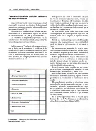 376 Síntesis del diagnóstico y planificación
Determinación de la posición definitiva
del incisivo inferior
La posición del incisivo inferior con respecto al
plano A-Po es uno de los objetivos definitivos del
tratamiento y además requisito indispensable para
la construcción del VTO.
El estudio de la arcada dentaria inferior nos per-
mite cuantificar el problema de espacio por medio
de las discrepancias (DD, DC y finalmente DT).
De acuerdo a la magnitud del problema y a las
características del caso se formula una posible vía
terapéutica para esa arcada inferior.
La Discrepancia Total será útil para aproximar-
nos a la forma de solucionar el problema de la
arcada inferior, esto es, con extracciones o no, pero
no siempre podemos o debemos ajustamos a su
valor al planificar la posición del incisivo;dicho en
otras palabras, no siempre planificaremos colocar
el incisivo inferior en +1.
1 - A-Po
1. Discrepanciadentaria
2. Discrepanciade Bolton
3. Verticalización molar
4. Expansión
5. Curva de Spee
6.Extracciones
7. Protrusión - Retrusión del!
8. Mesializaciónmolar
Total
+
Esta posición de +lmm es una norma a la que
no pueden ajustarse todos los casos, porque las
modificaciones dentarias del tratamiento tendrán
como objetivo contribuir al logro de una mejoría
estética de los labios y del perfil, adecuando nues-
tra planificación a estos requerimientos más que a
parámetros cefalométricos.
En esta estética de los labios intervienen otros
factores propios, no sólo la posición sagital de los
incisivos, como son la longitud, el espesor, el tono
muscular.
Habrá que planificar la posición ideal teniendo
en cuenta estas características, y esa posición ideal
puede no ajustarse estrictamente a la norma de +
Imm.
De todas maneras, la posición del incisivo resul-
tante de nuestro cálculo de la arcada inferior,algu-
nas veces será la óptima, y otras la más adecuada de
acuerdo a las posibilidades que el caso ofrezca.
Si bien puede haberse llegado a la decisión de
extracciones o, por el contrario, a la utilización de
métodos conservadores, no tenemos aún los ele-
mentos de juicio que nos permitan determinar la
posición definitiva de ese diente.
Esos elementos están reunidos en un cuadro
que a modo de guía nos permite hacer los cálculos
necesarios para determinarla (Cuadro 16.1).
Este cuadro tiene ordenados en una columna
una serie de maniobras clínicas y algunos factores
que influyen o condicionan la planificación de la
arcada.
El procedimiento consiste en seleccionar entre
todos ellos los que deban considerarse para el caso
particular y asignarles un valor numérico + o - que
nos permita hacer un cálculo que tendrá como fin
la solución del problema de espacio. Describiremos
estos factores en el mismo orden en el que deberán
ser considerados.
En la parte superior se coloca la medida de la
distancia del1 al A-Po, obtenida en lacefalometría
inicial. Esto nos da la medida de la DC.
Cuadro 16.1: Cuadro-guía para realizar los cálculos de
la arcada dentaria inferior.
 