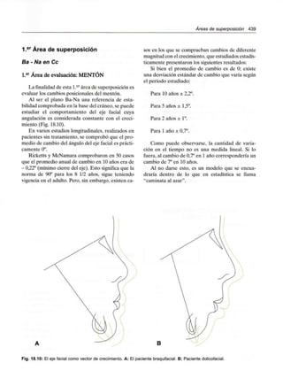 Áreas de superposición 439
1.er Área de superposición
Ba - Na en Ce
l.er Área de evaluación: MENTÓN
La finalidad de esta l.er área de superposición es
evaluar los cambios posicionales del mentón.
Al ser el plano Ba-Na una referencia de esta-
bilidad comprobada en la base del cráneo, se puede
estudiar el comportamiento del eje facial cuya
angulación es considerada constante con el creci-
miento (Fig. 18.10).
En varios estudios longitudinales, realizados en
pacientes sin tratamiento, se comprobó que el pro-
medio de cambio del ángulo del eje facial es prácti-
camente 0°.
Ricketts y McNamara comprobaron en 50 casos
que el promedio anual de cambio en 10 años era de
- 0,22° (mínimo cierre del eje). Esto significa quela
norma de 90° para los 8 1/2 años, sigue teniendo
vigencia en el adulto. Pero, sin embargo, existen ca-
sos en los que se comprueban cambios de diferente
magnitud con el crecimiento, que estudiados estadís-
ticamente presentaron los siguientes resultados:
Si bien el promedio de cambio es de 0; existe
una desviación estándar de cambio que varía según
el período estudiado:
Para 10 años ± 2,2°.
Para 5 años ± 1,5°.
Para 2 años ± 1°.
Para 1 año ± 0,7°.
Como puede observarse, la cantidad de varia-
ción en el tiempo no es una medida lineal. Si lo
fuera, al cambio de 0,7° en 1 año correspondería un
cambio de 7° en 10 años.
Al no darse esto, es un modelo que se encua-
draría dentro de lo que en estadística se llama
"caminata al azar".
Fig. 18.10: El eje facial como vector de crecimiento. A: El paciente braquifacial. B: Paciente dolicofacial.
 