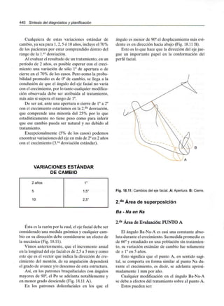 440 Síntesis del diagnóstico y planificación
Cualquiera de estas variaciones estándar de
cambio, ya sea para 1, 2, 5 ó 10 años, incluye el 70%
de los pacientes por estar comprendido dentro del
rango de la l.er desviación.
Al evaluar el resultado de un tratamiento, en un
período de 2 años, es posible esperar con el creci-
miento una variación de sólo 1° de apertura o de
cierre en el 70% de los casos. Pero como la proba-
bilidad promedio es de 0° de cambio, se llega a la
conclusión de que el ángulo del eje facial no varía
con el crecimiento, por lo tanto cualquier modifica-
ción observada debe ser atribuida al tratamiento,
más aún si supera el rango de 1°.
De ser así, ante una apertura o cierre de 1° a 2°
con el crecimiento estaríamos en la 2.da desviación,
que comprende una minoría del 25% por lo que
estadísticamente no tiene peso como para inferir
que ese cambio pueda ser natural y no debido al
tratamiento.
Excepcionalmente (5% de los casos) podemos
encontrar variaciones del eje en más de 2°en 2 años
con el crecimiento (3.ra desviación estándar).
VARIACIONES ESTÁNDAR
DE CAMBIO
2 años
5
10
1°
1,5°
2,5°
Ésta es la razón por la cual, el eje facial debe ser
considerado una medida gnómica y cualquier cam-
bio en su dirección debe considerarse un efecto de
la mecánica (Fig. 18.11).
Vimos anteriormente, que el incremento anual
en la longitud del eje facial es de 2,5 a 3 mm y como
este eje es el vector que indica la dirección de cre-
cimiento del mentón, de su angulación dependerá
el grado de avance y/o descenso de esta estructura.
Así, en los patrones braquifaciales con ángulos
mayores de 90°, el Po se adelanta notablemente y
en menor grado desciende (Fig. 18.11 A).
En los patrones dolicofaciales en los que el
ángulo es menor de 90°el desplazamiento más evi-
dente es en dirección hacia abajo (Fig. 18.11 B).
Esto es lo que hace que la dirección del eje jue-
gue un importante papel en la conformación del
perfil facial.
.' B
Fig. 18.11: Cambios del eje facial. A: Apertura. B: Cierre.
2.da Área de superposición
fia - Na en Na
2.a* Área de Evaluación: PUNTO A
El ángulo Ba-Na-A es casi una constante abso-
luta durante el crecimiento. Su medida promedio es
de 66° y estudiado en una población sin tratamien-
to, su variación estándar de cambio fue solamente
de ± 1° en 5 años.
Esto significa que el punto A, en sentido sagi-
tal, se comporta en forma similar al punto Na du-
rante el crecimiento, es decir, se adelanta aproxi-
madamente 1 mm por año.
Cualquier modificación en el ángulo Ba-Na-A
se debe a efectos del tratamiento sobre el punto A.
Estos pueden ser:
 