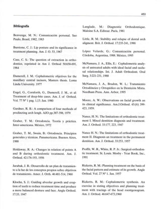 453
Bibliografía
Benvenga, M. N.: Comunicación personal. Sao
Paulo, Brasil, 1982, 1983
Burstone, C. J.: Lip posture and its signifícance in
treatment planning. Am. J. O. 53,1967
Case, C. S.: The question of extraction in ortho-
dontics, reprinted in Am J. Orthod 50:658-691,
1964
Damerell, J. M.: Cephalometric objetives for the
maxillary central incisors, Masters thesis. Loma
Linda University. 1977
Engel, G., Cornforth, G., Damerell, J. M., et al:
Treatment of deep-bite cases. Am. J. of Orthod.
Vol. 77 N° 1 pag. 1,13. Jan. 1980
Gardner, R. B.: A comparison of four methods of
predincting arch lengh. AJO pp.387-398,1979
Graber, T. M.: Ortodoncia. Teoría y práctica,
ínter-americana. México, 1972
Graber, T. M., Swain, B.: Ortodoncia. Principios
generales y técnicas. Panamericana. Buenos Aires,
1988
Holdaway, R. A.: Changes in relation of points A
and B during orthodontic treatment. Am. J.
Orthod. 42:176-193,1956
Jarabak, J. R.: Desarrollo de un plan de tratamien-
to a la luz de los conceptos propios sobre objetivos
de tratamiento. Amer. J. Orth. 46:481-514, 1960
Kloehn, S. J.: Guiding alveolar growth and erup-
tion of teeth to reduce treatment time and produce
a more balanced denture and face. Angle Orthod.
17:33, 1947
Langlade, M.: Diagnostic Orthodontique.
Maloine S.A. Editeur. París, 1981
Little, R. M.: Stability and relapse of dental arch
aligment. Brit. J. Orthod. 17:235-241, 1990
López Velarde, G.: Comunicación personal.
Córdoba, Argentina, 1988. México, 1995
McNamara, J. A., Ellis, E.: Cephalometric analy-
sis of untreated adults with ideal facial and occlu-
sal relationships. Int. J. Adult Orthodont. Oral
Surg. 3:221-231, 1988
McNamara, J. A., Brudon, W. L.: Tratamiento
Ortodóncico y Ortopédico en la Dentición Mixta.
Needham Press. Ann. Arbor, 1995
Moore, A. W.: Observations on facial growth an
its clinical significance. Am.J.Orthod. 45:(6) 399-
423,1959.
Nance, H. N.: The limitations of orthodontic treat-
ment I. Mixed dentition diagnosis and treatment.
Am. J. Orthod. 33:177, 223, 1947
Nance H. N.: The limitations of orthodontic treat-
ment II. Diagnosis an treatment in the permanent
dentition. Am. J. Orthod. 33:253,1957
Proffit, W. R., White, R. P. Jr.: Surgical-orthodon-
tic treatment. St. Louis. Mosby - Year Book, Inc.,
1991
Ricketts, R. M.: Planning treatment on the basis of
the facial pattern and estimate of its growth. Angle
Orthod. Vol. 27 N° 1. Jan. 1957
Ricketts, R. M.: Cephalometric synthesis. An
exercise in stating objectives and planning treat-
ment with tracings of the head roentgenogram.
Am. J. Orthod. 46:647-673,1960
 