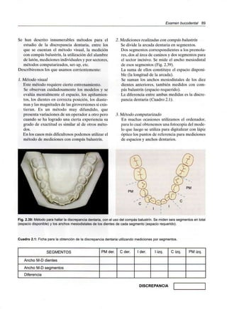 Examen bucodental 89
Se han descrito innumerables métodos para el
estudio de la discrepancia dentaria, entre los
que se cuentan el método visual, la medición
con compás balustrín, la utilización del alambre
de latón, mediciones individualesy por sectores,
métodos computarizados, set-up, etc.
Describiremos los que usamos corrientemente:
1. Método visual
Este método requiere cierto entrenamiento.
Se observan cuidadosamente los modelos y se
evalúa mentalmente el espacio, los apiñamien-
tos, los dientes en correcta posición, los diaste-
mas y las magnitudes de las giroversiones si exis-
tieran. Es un método muy difundido, que
presenta variaciones de un operador a otro pero
cuando se ha logrado una cierta experiencia su
grado de exactitud es similar al de otros méto-
dos.
En los casos más dificultosos podemos utilizar el
método de mediciones con compás balustrín.
2. Mediciones realizadas con compás balustrín
Se divide la arcada dentaria en segmentos.
Dos segmentos correspondientes a los premola-
res, dos al área de caninos y dos segmentos para
el sector incisivo. Se mide el ancho mesiodistal
de esos segmentos (Fig.2.39).
La suma de ellos constituye el espacio disponi-
ble (la longitud de la arcada).
Se suman los anchos mesiodistales de los diez
dientes anteriores, también medidos con com-
pás balustrín (espacio requerido).
La diferencia entre ambas medidas es la discre-
pancia dentaria (Cuadro 2.1).
3. Método computarízado
En muchas ocasiones utilizamos el ordenador,
para lo cual obtenemos una fotocopia del mode-
lo que luego se utiliza para digitalizar con lápiz
óptico los puntos de referencia para mediciones
de espacios y anchos dentarios.
PM
Fig. 2.39:Método para hallar la discrepancia dentaria, con el uso del compás balustrín. Se miden seis segmentos en total
(espacio disponible) y los anchos mesiodistales de los dientes de cada segmento (espacio requerido).
Cuadro 2.1: Ficha para la obtención de la discrepancia dentaria utilizando mediciones por segmentos.
SEGMENTOS
Ancho M-D dientes
Ancho M-D segmentos
Diferencia
PMder. Cder. I der. I izq. C izq. PM izq.
DISCREPANCIA
 