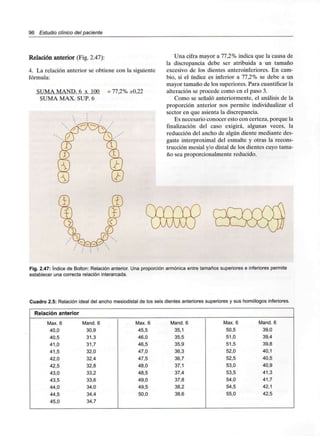 96 Estudio clínico del paciente
Relación anterior (Fig. 2.47):
4. La relación anterior se obtiene con la siguiente
fórmula:
SUMA MAND. 6 x 100 = 77,2% ±0,22
SUMA MAX. SUP. 6
Una cifra mayor a 77,2% indica que la causa de
la discrepancia debe ser atribuida a un tamaño
excesivo de los dientes anteroinferiores. En cam-
bio, si el índice es inferior a 77,2% se debe a un
mayor tamaño de los superiores. Para cuantificar la
alteración se procede como en el paso 3.
Como se señaló anteriormente, el análisis de la
proporción anterior nos permite individualizar el
sector en que asienta la discrepancia.
Es necesario conocer esto con certeza, porque la
finalización del caso exigirá, algunas veces, la
reducción del ancho de algún diente mediante des-
gaste interproximal del esmalte y otras la recons-
trucción mesial y/o distal de los dientes cuyo tama-
ño sea proporcionalmente reducido.
Fig. 2.47: índice de Bolton: Relación anterior. Una proporción armónica entre tamaños superiores e inferiores permite
establecer una correcta relación interarcada.
Cuadro 2.5: Relación ideal del ancho mesiodistal de los seis dientes anteriores superiores y sus homólogos inferiores.
Relación anterior
Max. 6
40,0
40,5
41,0
41,5
42,0
42,5
43,0
43,5
44,0
44,5
45,0
Mand. 6
30,9
31,3
31,7
32,0
32,4
32,8
33,2
33,6
34,0
34,4
34,7
Max. 6
45,5
46,0
46,5
47,0
47,5
48,0
48,5
49,0
49,5
50,0
Mand. 6
35,1
35,5
35,9
36,3
36,7
37,1
37,4
37,8
38,2
38,6
Max. 6
50,5
51,0
51,5
52,0
52,5
53,0
53,5
54,0
54,5
55,0
Mand. 6
39,0
39,4
39,8
40,1
40,5
40,9
41,3
41,7
42,1
42,5
 