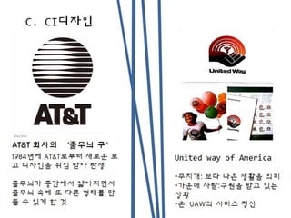 C. CI디자인
1984년에 AT&T로부터 새로운
로고 디자인을 위임 받아 탄생
줄무늬가 중간에서 얇아지면서
줄무늬 속에 또 다른 형태를 만
들 수 있게 한 것
AT&T 회사의 ‘줄무늬 구’
United way of America
*무지개: 보다 나은 생활을 의미
*가운데 사람:구원을 받고 있는
상황
*손: UAW의 서비스 정신
 