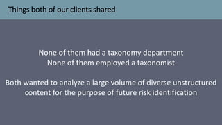 Things both of our clients shared
3
None of them had a taxonomy department
None of them employed a taxonomist
Both wanted ...