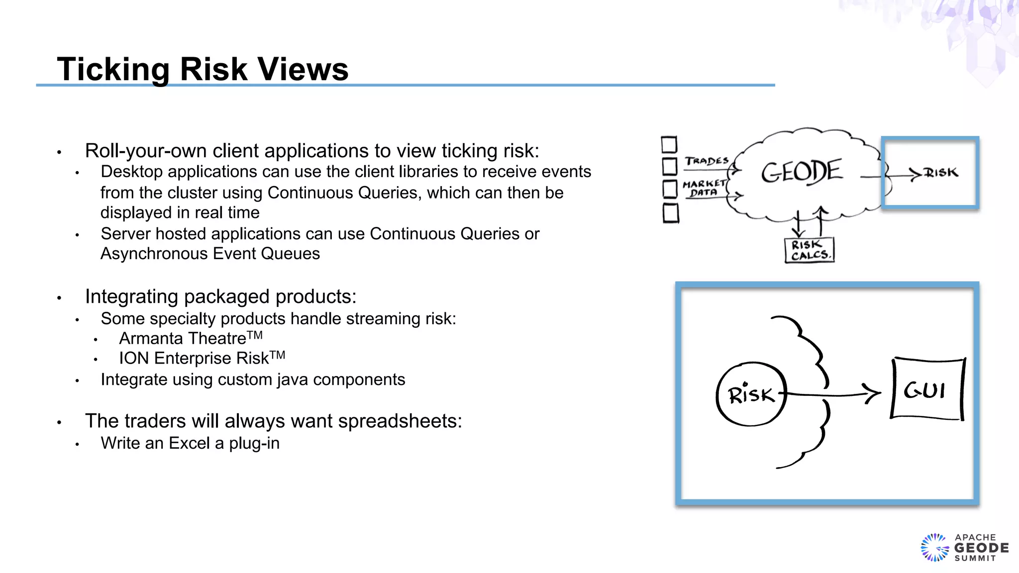 Ticking Risk Views
•  Roll-your-own client applications to view ticking risk:
•  Desktop applications can use the client libraries to receive events
from the cluster using Continuous Queries, which can then be
displayed in real time
•  Server hosted applications can use Continuous Queries or
Asynchronous Event Queues
•  Integrating packaged products:
•  Some specialty products handle streaming risk:
•  Armanta TheatreTM
•  ION Enterprise RiskTM
•  Integrate using custom java components
•  The traders will always want spreadsheets:
•  Write an Excel a plug-in
 
