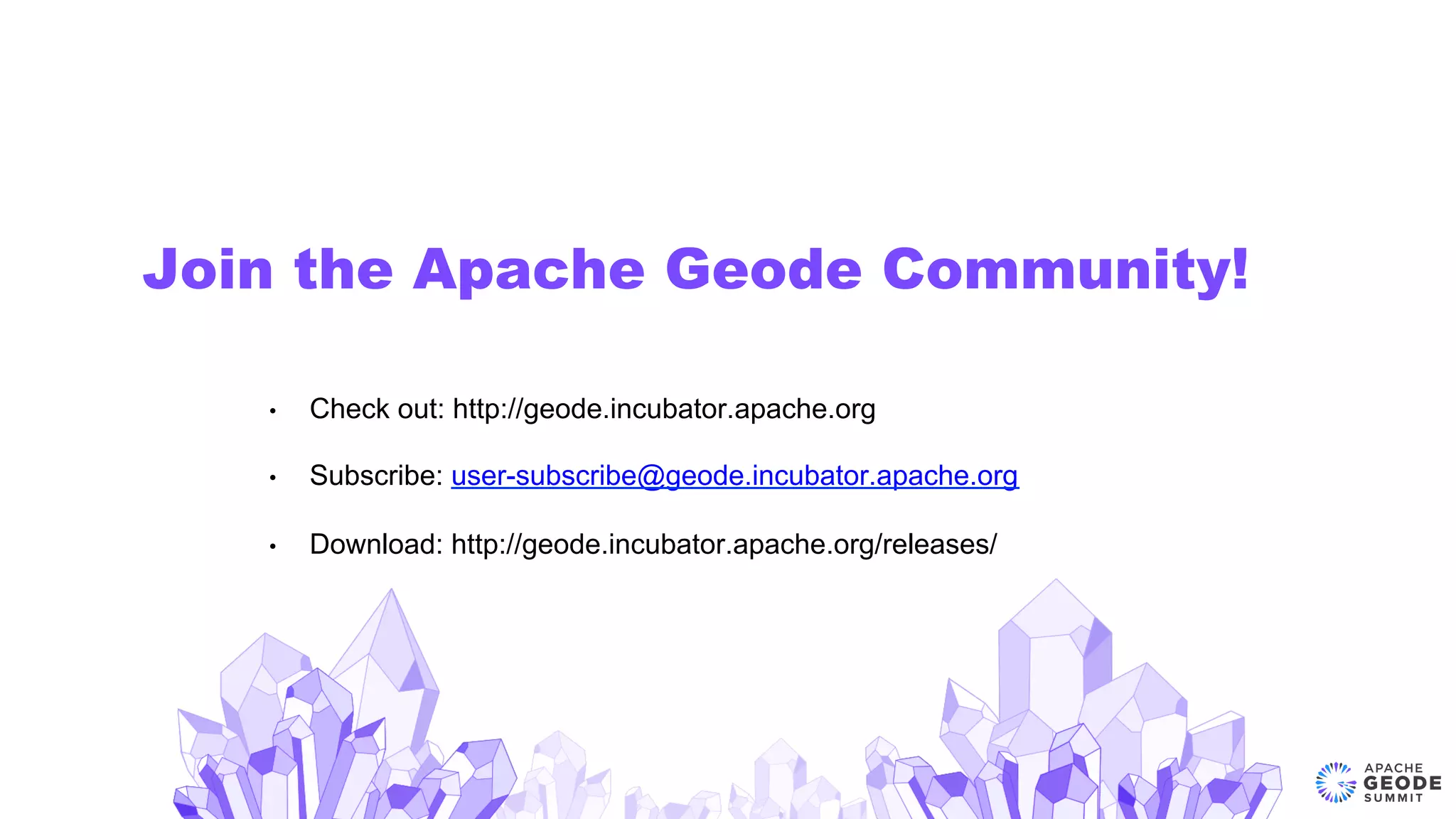 Join the Apache Geode Community!
•  Check out: http://geode.incubator.apache.org
•  Subscribe: user-subscribe@geode.incubator.apache.org
•  Download: http://geode.incubator.apache.org/releases/
 