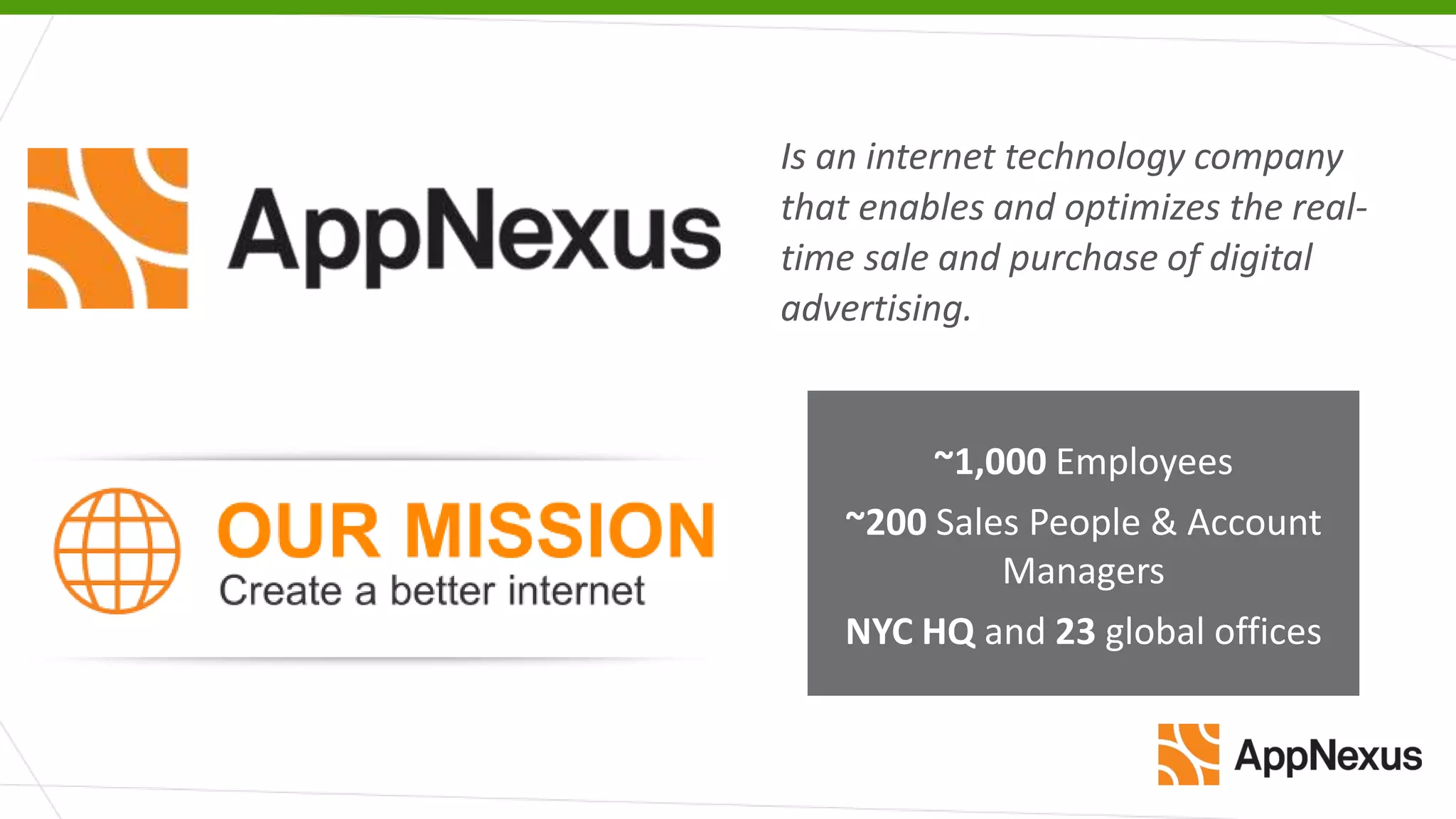 Is an internet technology company
that enables and optimizes the real-
time sale and purchase of digital
advertising.
~1,000 Employees
~200 Sales People & Account
Managers
NYC HQ and 23 global offices
 