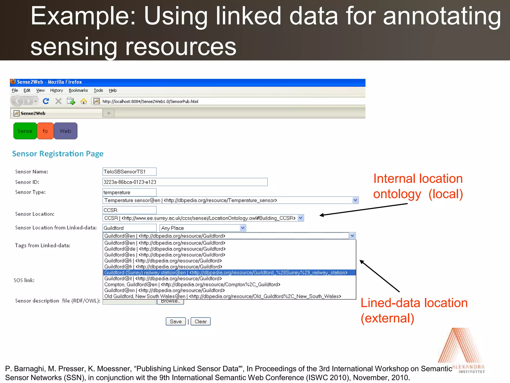 Example: Using linked data for annotating sensing resourcesInternal location ontology  (local)Lined-data location(external)P. Barnaghi, M. Presser, K. Moessner, “Publishing Linked Sensor Data"', In Proceedings of the 3rd International Workshop on Semantic Sensor Networks (SSN), in conjunction wit the 9th International Semantic Web Conference (ISWC 2010), November, 2010.
